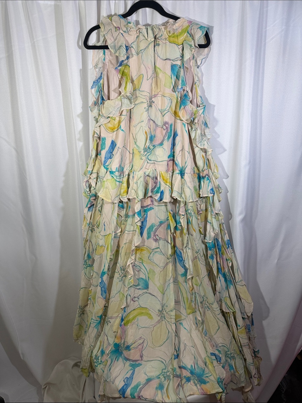 Maeve Floral Ruffle High-Low Maxi Dress in Beige and Aqua New Large - Picture 5 of 6